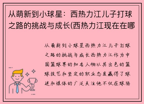 从萌新到小球星：西热力江儿子打球之路的挑战与成长(西热力江现在在哪个球队)