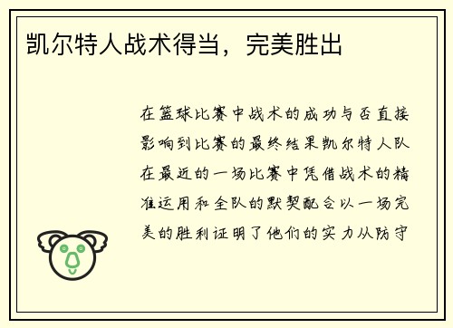 凯尔特人战术得当，完美胜出