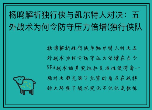 杨鸣解析独行侠与凯尔特人对决：五外战术为何令防守压力倍增(独行侠队主教练卡莱尔)
