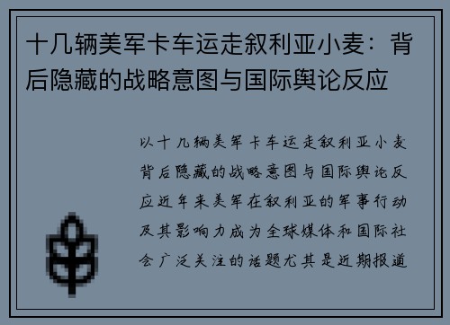 十几辆美军卡车运走叙利亚小麦：背后隐藏的战略意图与国际舆论反应