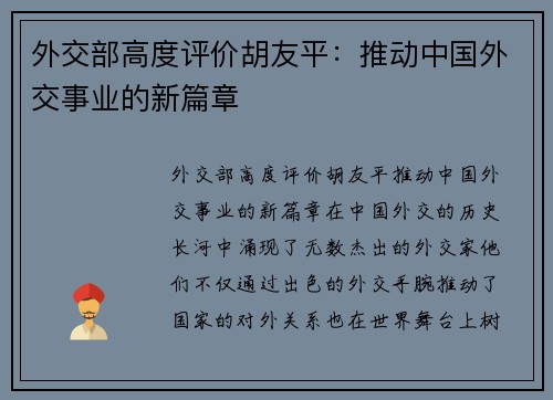 外交部高度评价胡友平：推动中国外交事业的新篇章