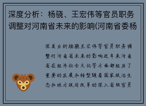 深度分析：杨骁、王宏伟等官员职务调整对河南省未来的影响(河南省委杨晓捷简介)